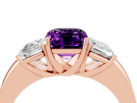 Rose gold Emerald Cut Amethyst Three-Stone Ring with Four-Prong Setting and Classic Band_4