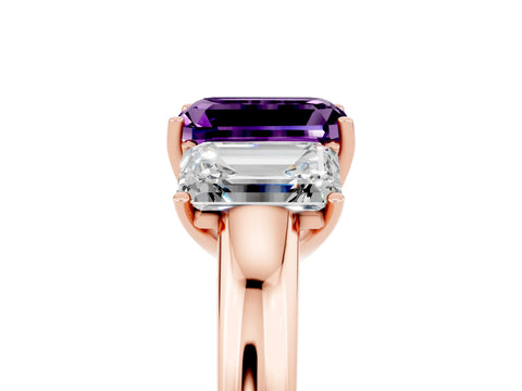 Rose gold Emerald Cut Amethyst Three-Stone Ring with Four-Prong Setting and Classic Band_5