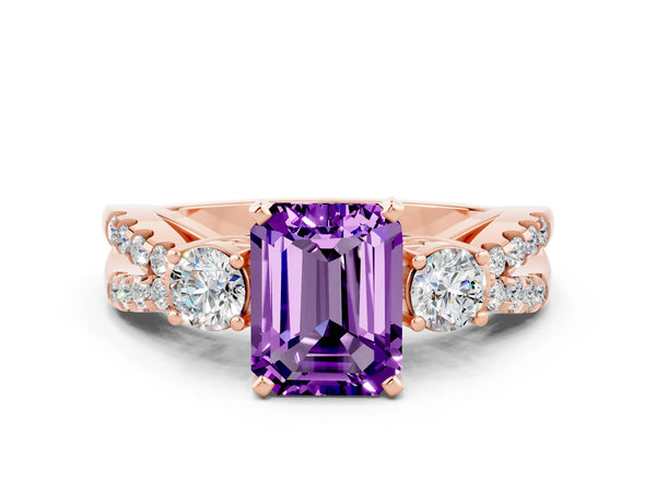 Rose gold Emerald Cut Amethyst Three-Stone Ring with Pavé Split Shank and Four-Prong Setting