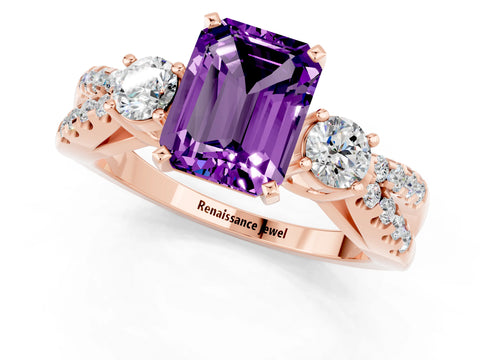 Rose gold Emerald Cut Amethyst Three-Stone Ring with Pavé Split Shank and Four-Prong Setting_1