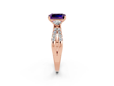 Rose gold Emerald Cut Amethyst Three-Stone Ring with Pavé Split Shank and Four-Prong Setting_2