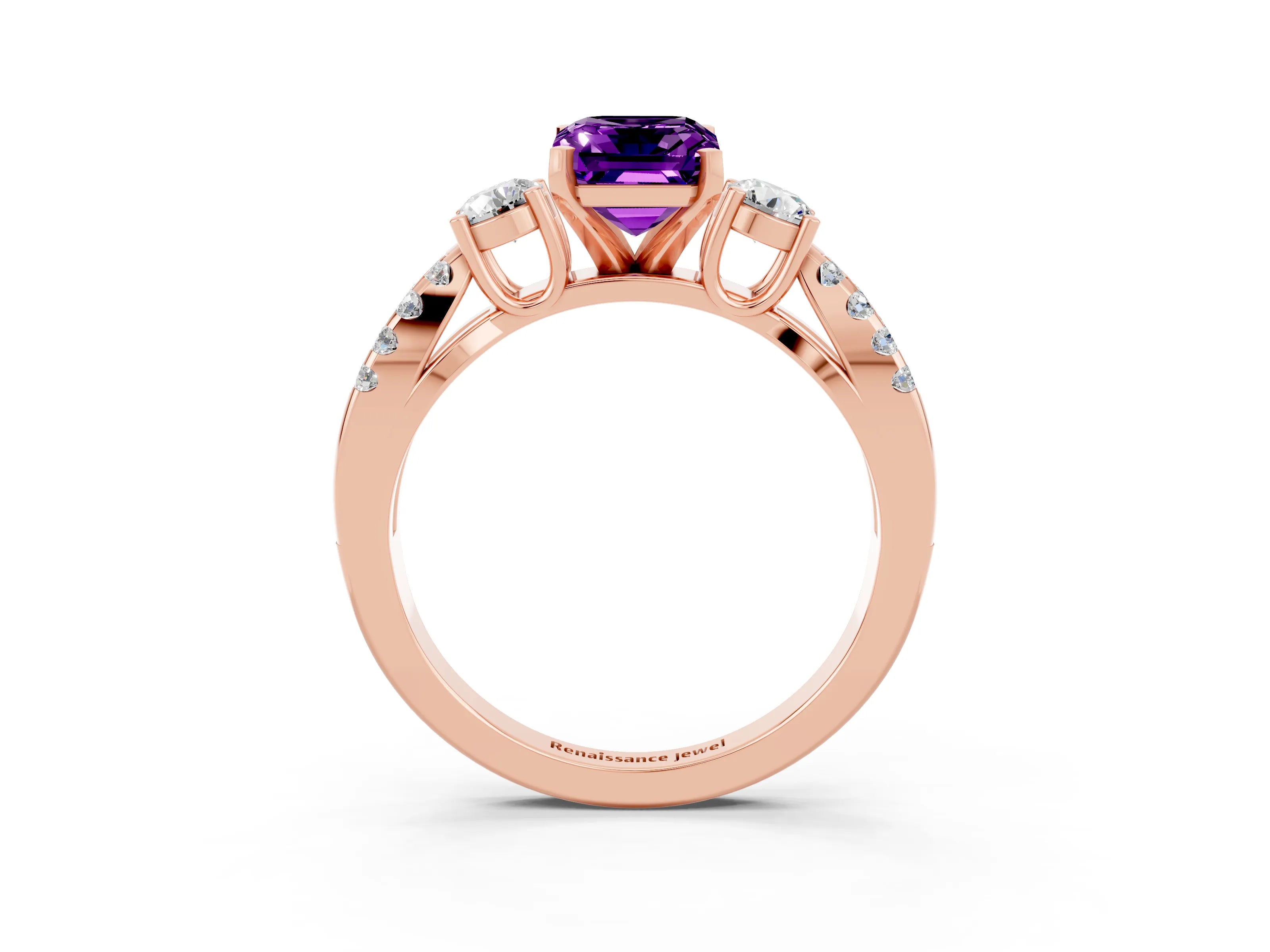 Rose gold Emerald Cut Amethyst Three-Stone Ring with Pavé Split Shank and Four-Prong Setting_3