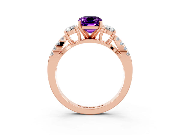 Rose gold Emerald Cut Amethyst Three-Stone Ring with Pavé Split Shank and Four-Prong Setting