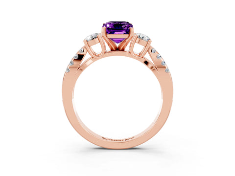Rose gold Emerald Cut Amethyst Three-Stone Ring with Pavé Split Shank and Four-Prong Setting_3