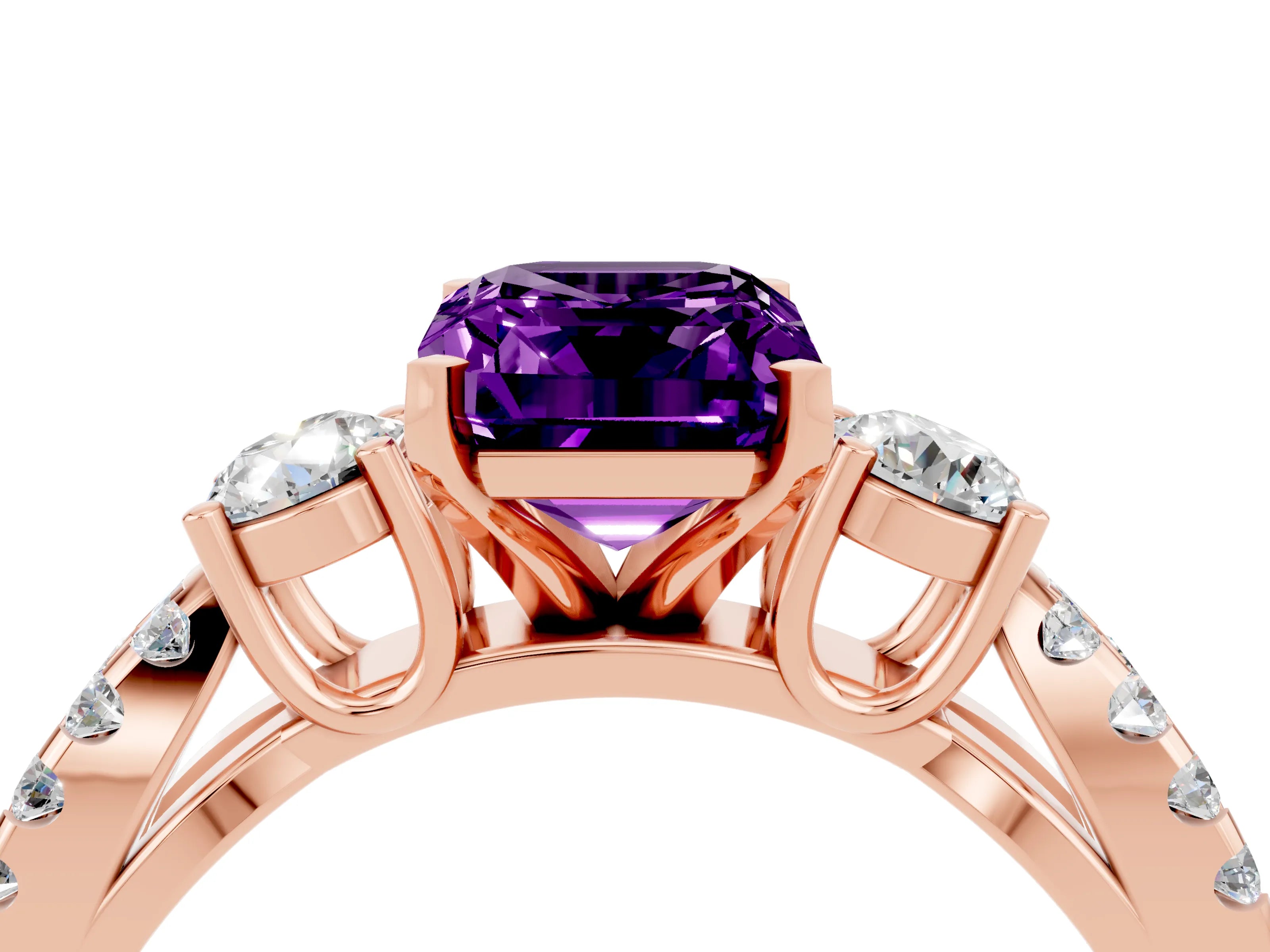 Rose gold Emerald Cut Amethyst Three-Stone Ring with Pavé Split Shank and Four-Prong Setting_4