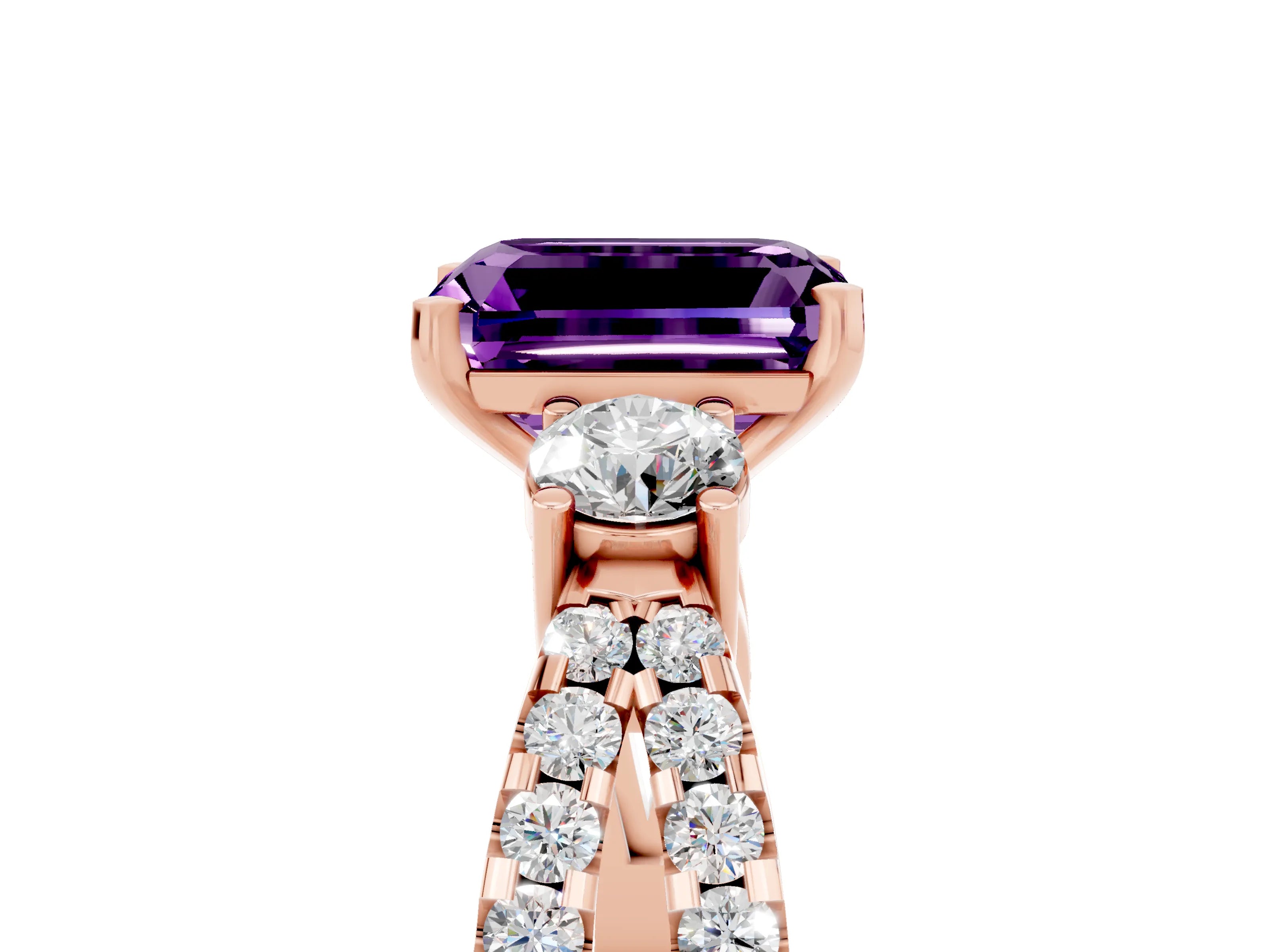 Rose gold Emerald Cut Amethyst Three-Stone Ring with Pavé Split Shank and Four-Prong Setting_5