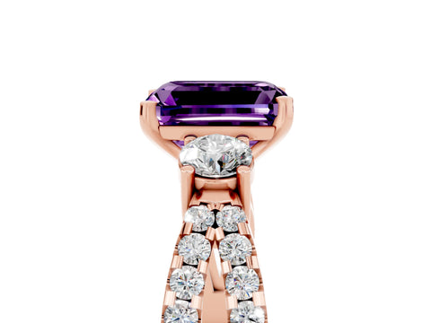 Rose gold Emerald Cut Amethyst Three-Stone Ring with Pavé Split Shank and Four-Prong Setting_5