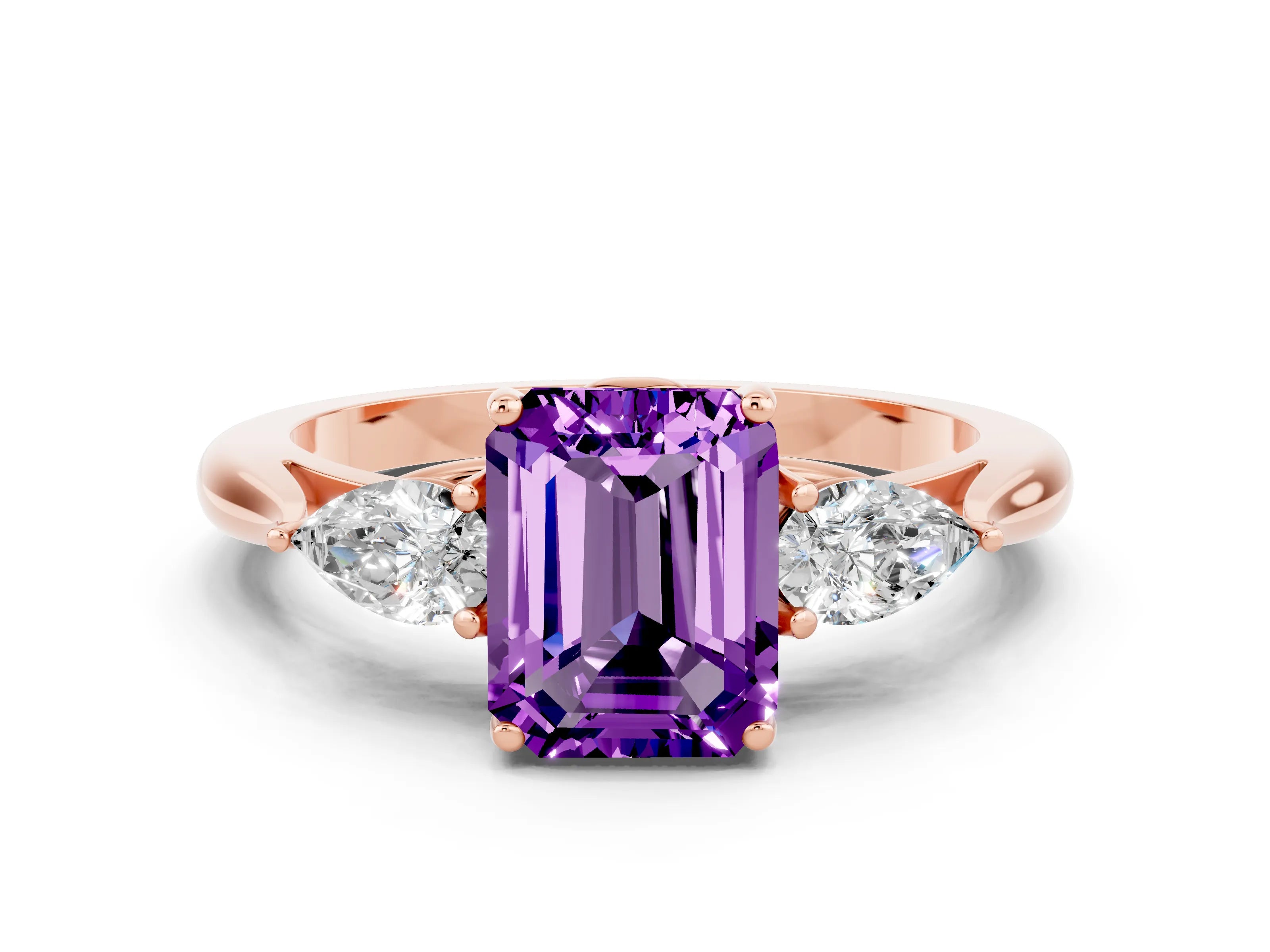 Rose gold Emerald Cut Amethyst Three-Stone Ring with Pear Side Stones and Four-Prong Setting_12
