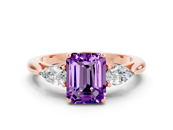 Rose gold Emerald Cut Amethyst Three-Stone Ring with Pear  Side Stones and Prong Setting