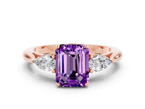 Rose gold Emerald Cut Amethyst Three-Stone Ring with Pear Side Stones and Four-Prong Setting_12