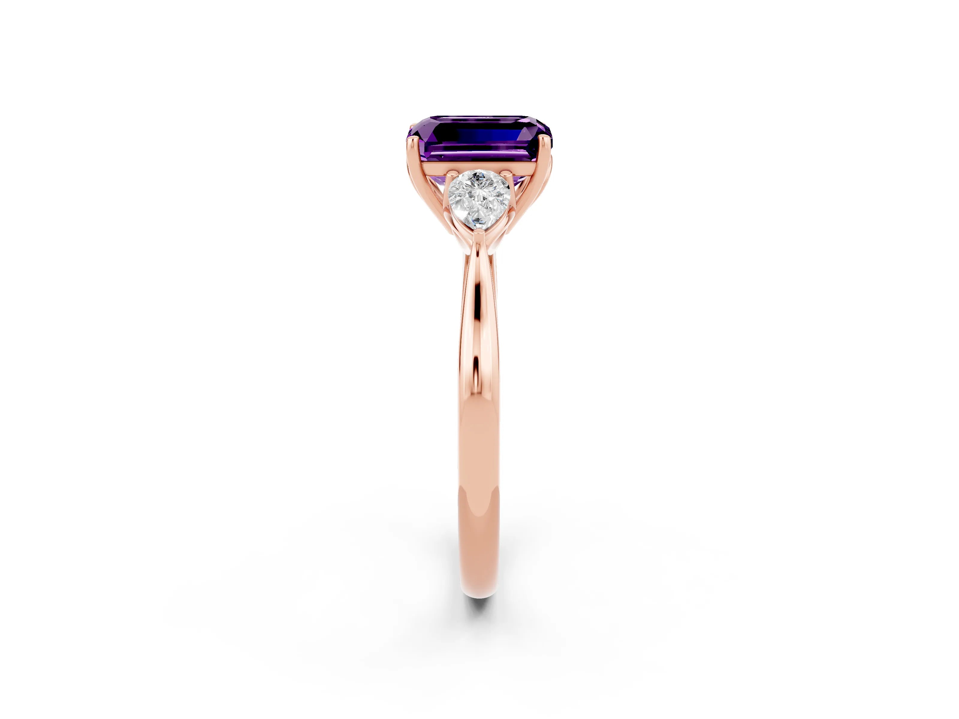 Rose gold Emerald Cut Amethyst Three-Stone Ring with Pear Side Stones and Four-Prong Setting_14