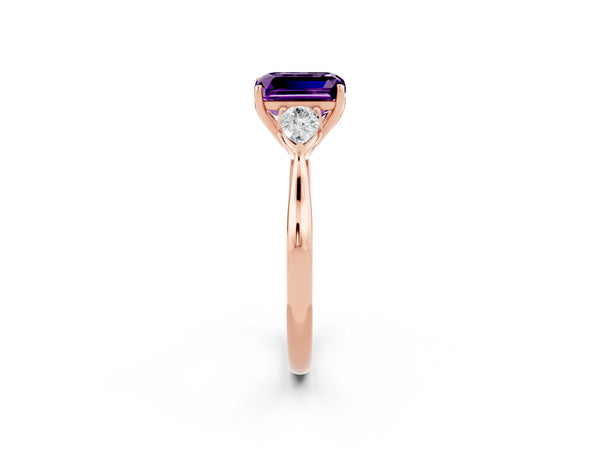 Rose gold Emerald Cut Amethyst Three-Stone Ring with Pear  Side Stones and Prong Setting