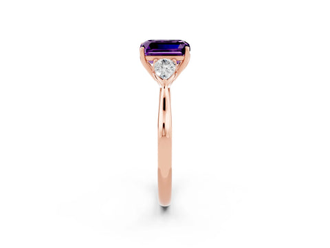 Rose gold Emerald Cut Amethyst Three-Stone Ring with Pear Side Stones and Four-Prong Setting_14