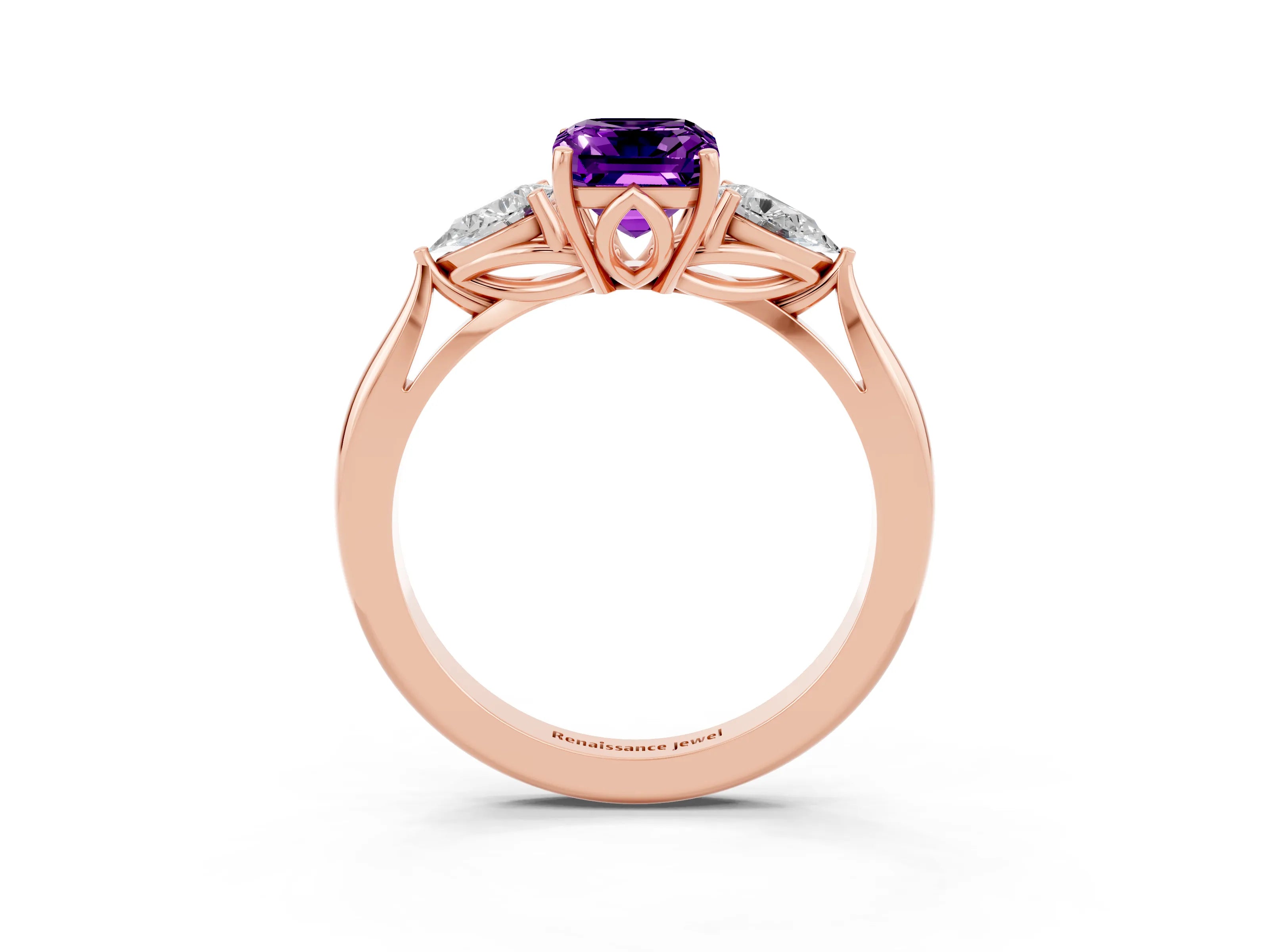 Rose gold Emerald Cut Amethyst Three-Stone Ring with Pear Side Stones and Four-Prong Setting_15