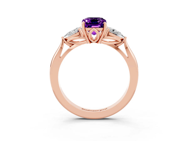Rose gold Emerald Cut Amethyst Three-Stone Ring with Pear  Side Stones and Prong Setting