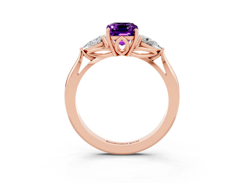Rose gold Emerald Cut Amethyst Three-Stone Ring with Pear Side Stones and Four-Prong Setting_15