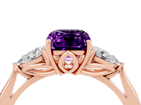 Rose gold Emerald Cut Amethyst Three-Stone Ring with Pear Side Stones and Four-Prong Setting_16