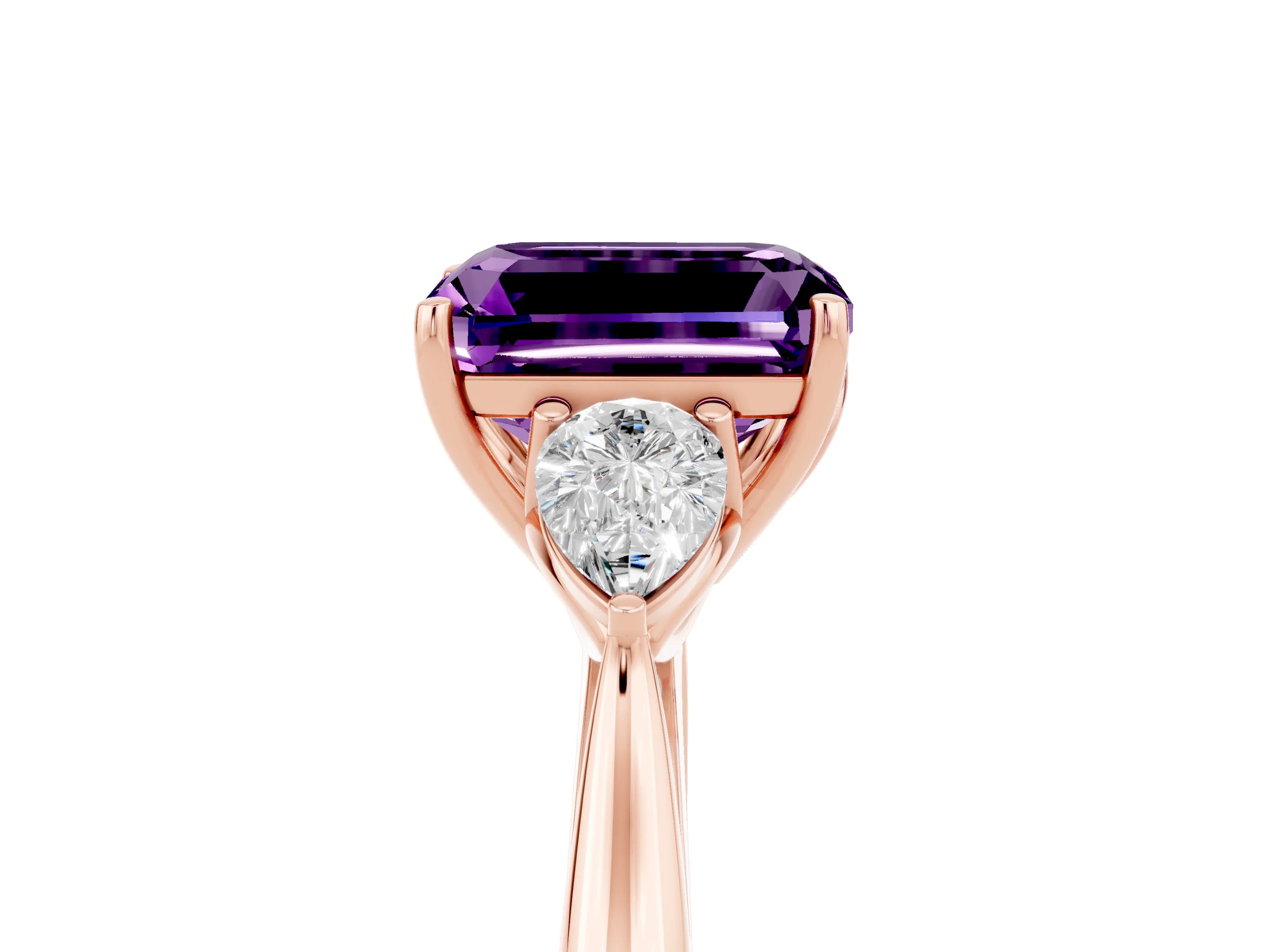Rose gold Emerald Cut Amethyst Three-Stone Ring with Pear Side Stones and Four-Prong Setting_17