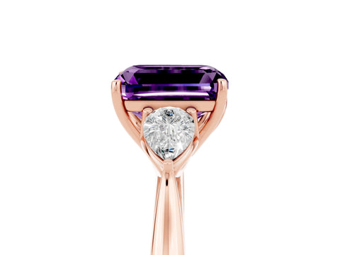 Rose gold Emerald Cut Amethyst Three-Stone Ring with Pear Side Stones and Four-Prong Setting_17