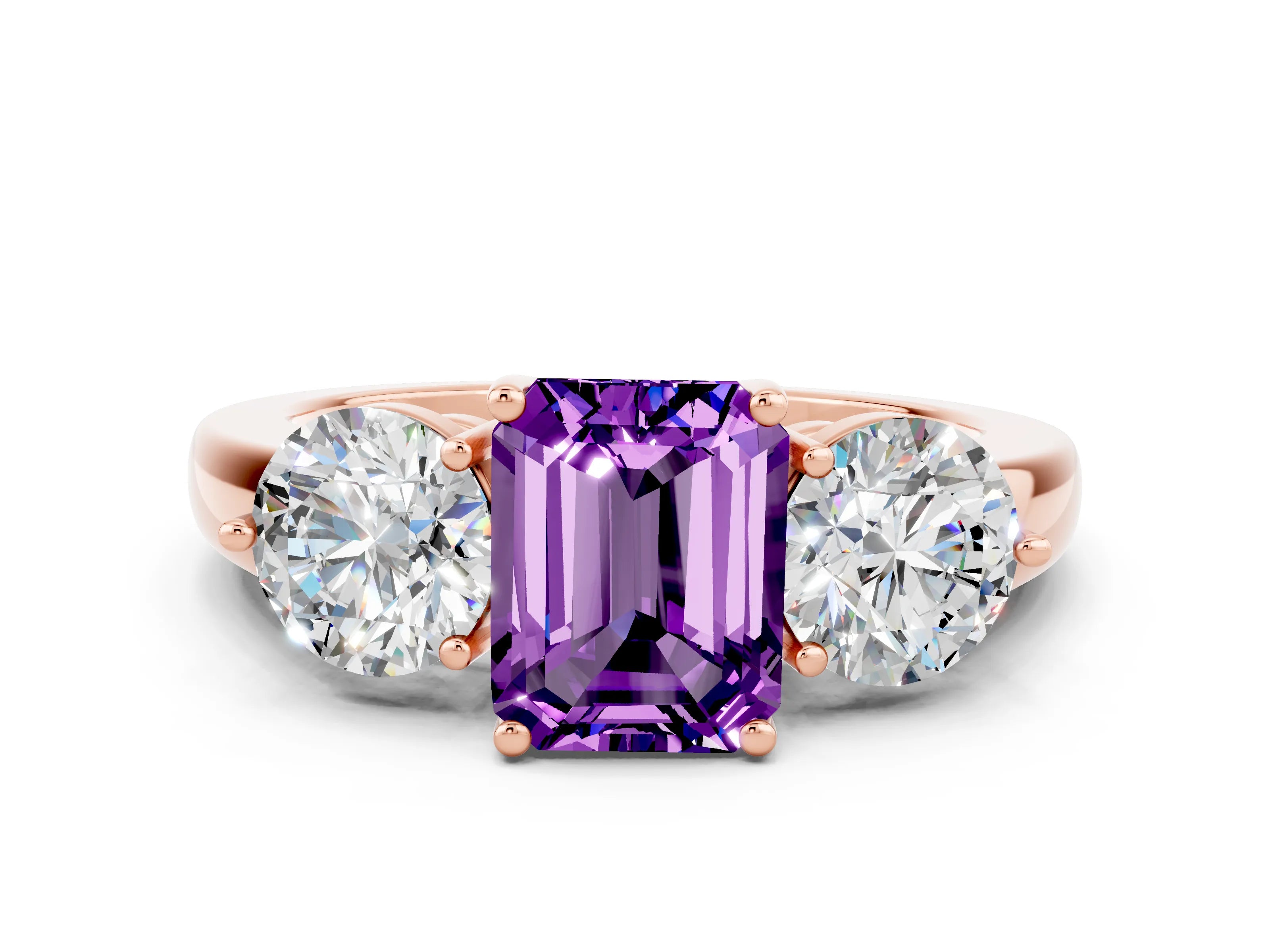 Rose gold Emerald Cut Amethyst Three-Stone Ring with Prong Setting and Classic Band