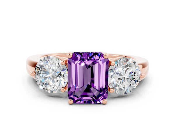 Rose gold Emerald Cut Amethyst Three-Stone Ring with Prong Setting and Classic Band