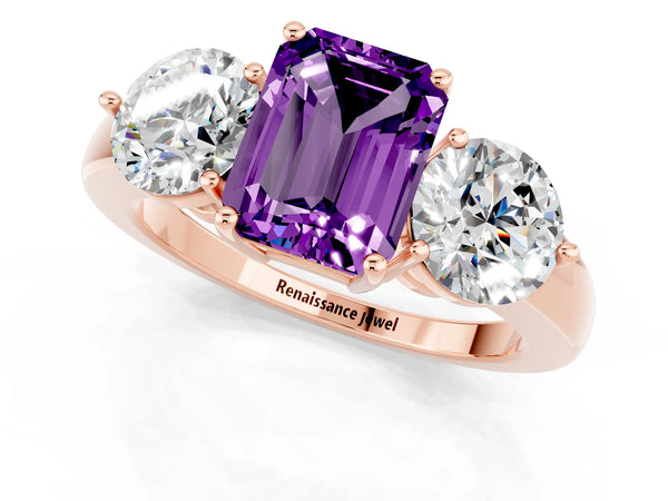 Rose gold Emerald Cut Amethyst Three-Stone Ring with Prong Setting and Classic Band