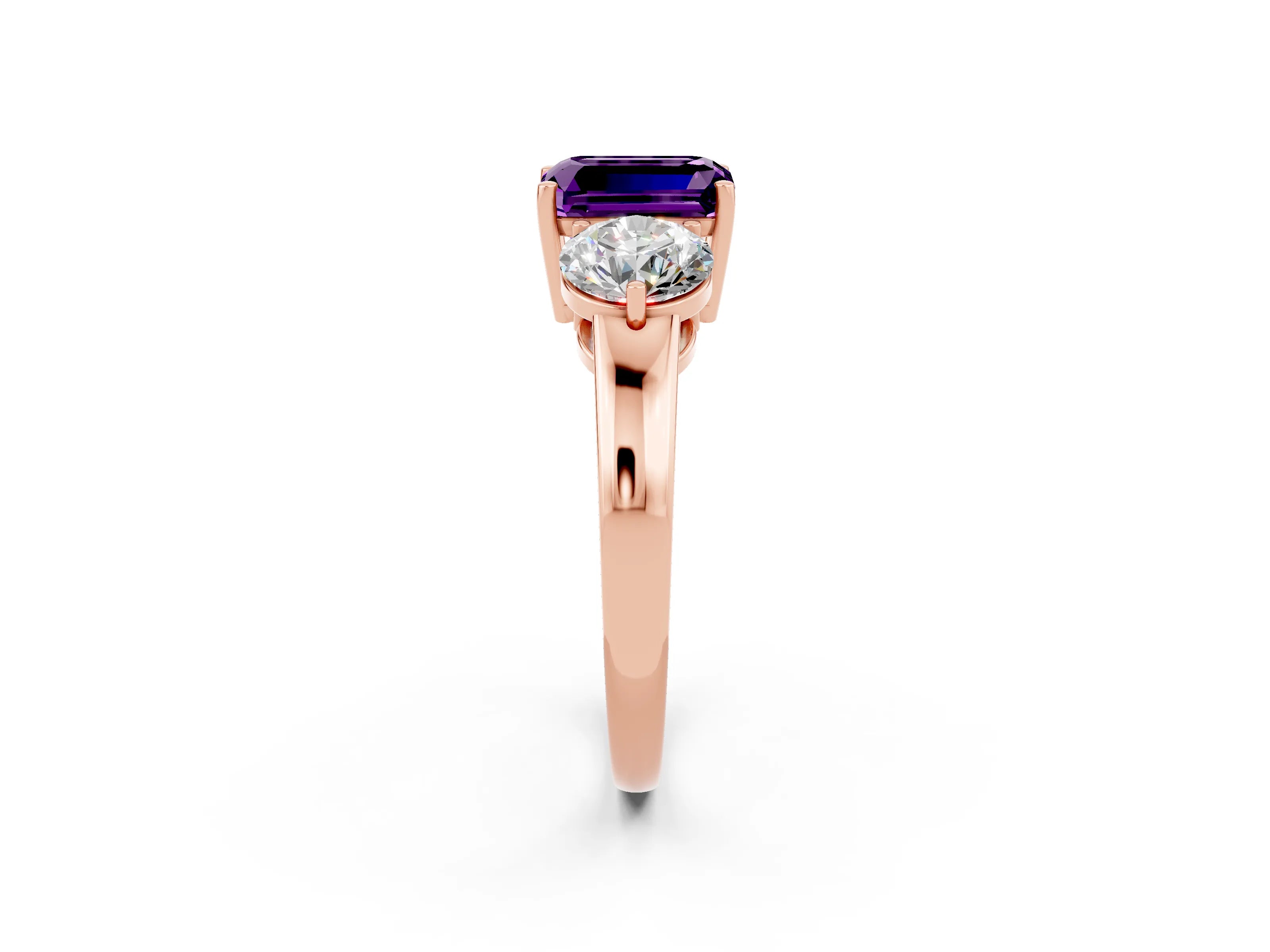 Rose gold Emerald Cut Amethyst Three-Stone Ring with Prong Setting and Classic Band_2