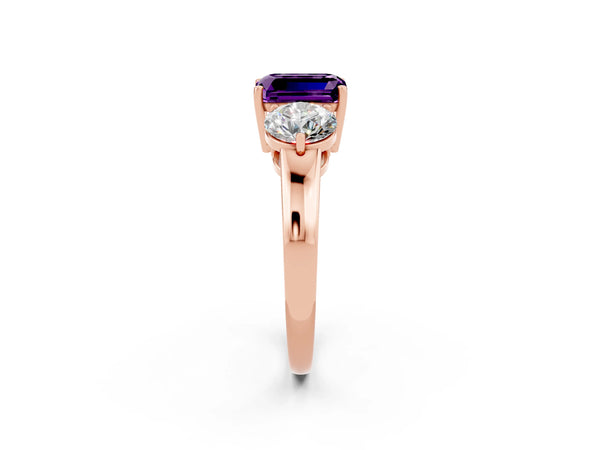 Rose gold Emerald Cut Amethyst Three-Stone Ring with Prong Setting and Classic Band