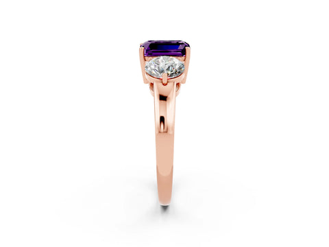 Rose gold Emerald Cut Amethyst Three-Stone Ring with Prong Setting and Classic Band_2