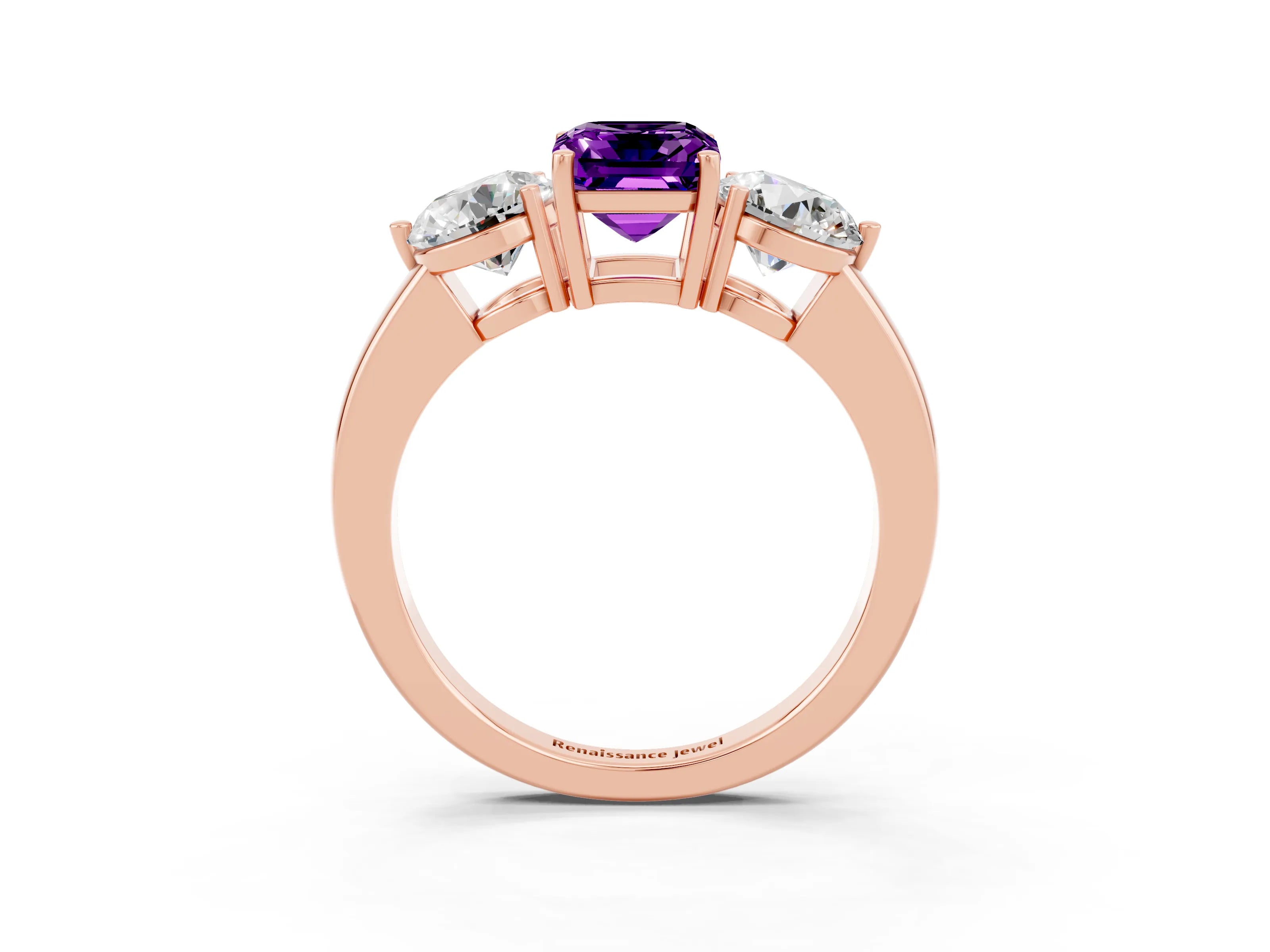 Rose gold Emerald Cut Amethyst Three-Stone Ring with Prong Setting and Classic Band_3