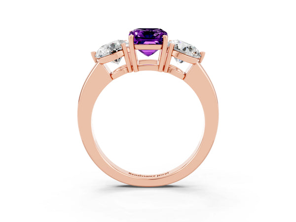 Rose gold Emerald Cut Amethyst Three-Stone Ring with Prong Setting and Classic Band