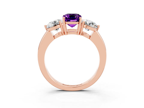 Rose gold Emerald Cut Amethyst Three-Stone Ring with Prong Setting and Classic Band_3