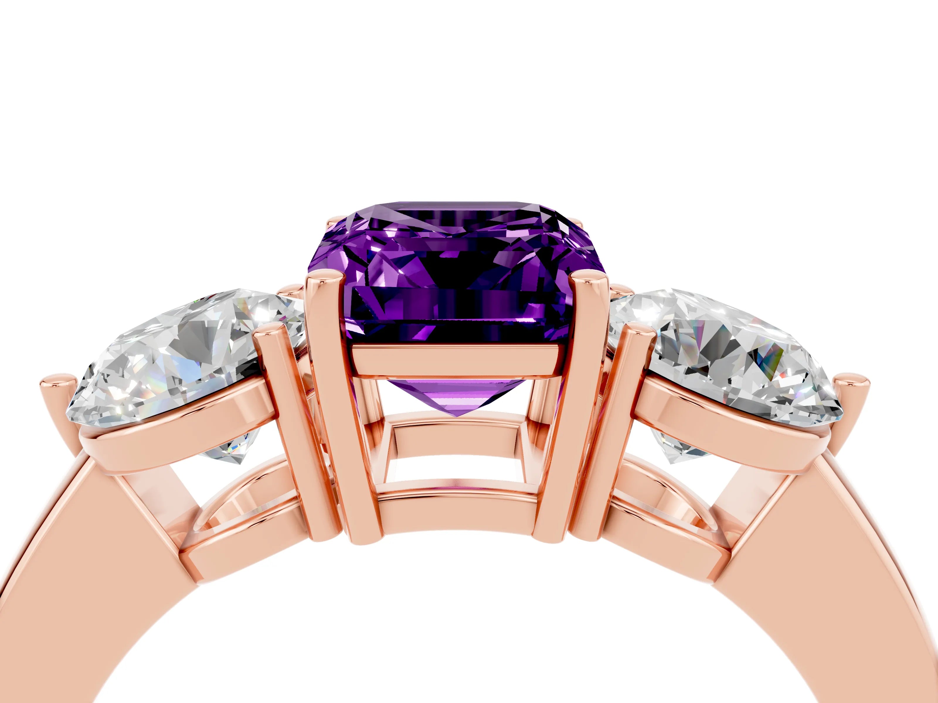Rose gold Emerald Cut Amethyst Three-Stone Ring with Prong Setting and Classic Band_4