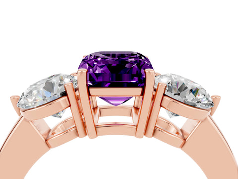 Rose gold Emerald Cut Amethyst Three-Stone Ring with Prong Setting and Classic Band_4