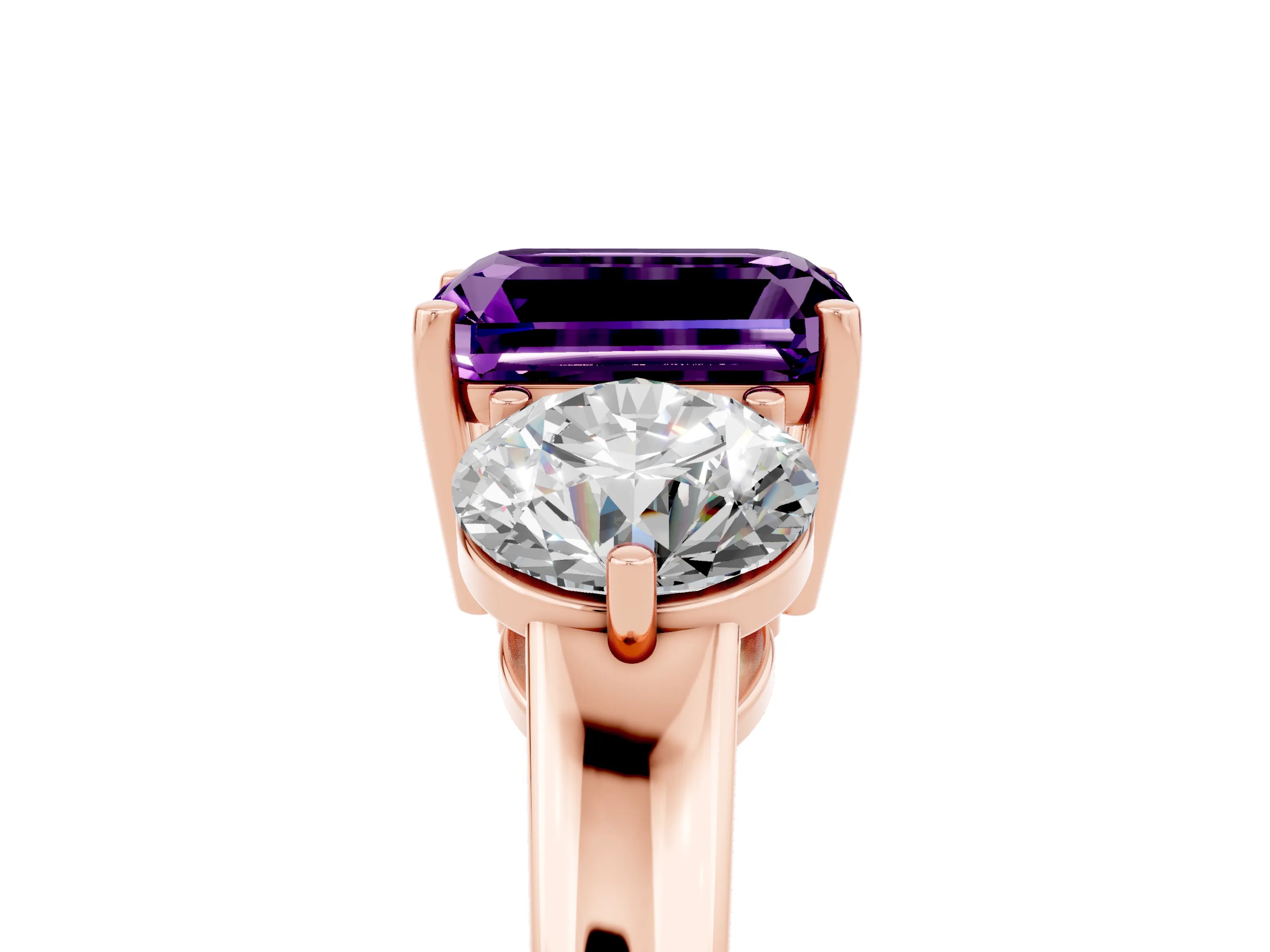Rose gold Emerald Cut Amethyst Three-Stone Ring with Prong Setting and Classic Band_5