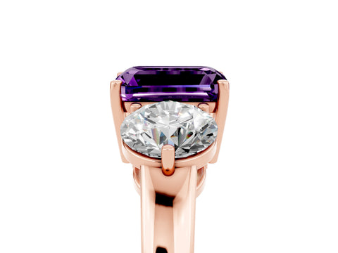 Rose gold Emerald Cut Amethyst Three-Stone Ring with Prong Setting and Classic Band_5