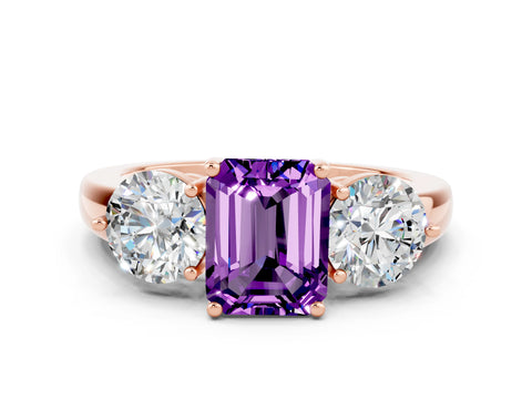 Rose gold Emerald Cut Amethyst Three-Stone Ring with Prong Setting and Classic Band