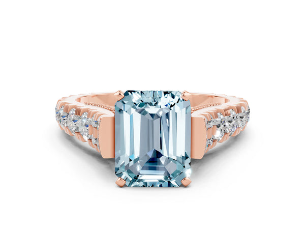 Rose gold Emerald Cut Aquamarine Classic Solitaire Ring with Pavé Band and Four-Prong Setting