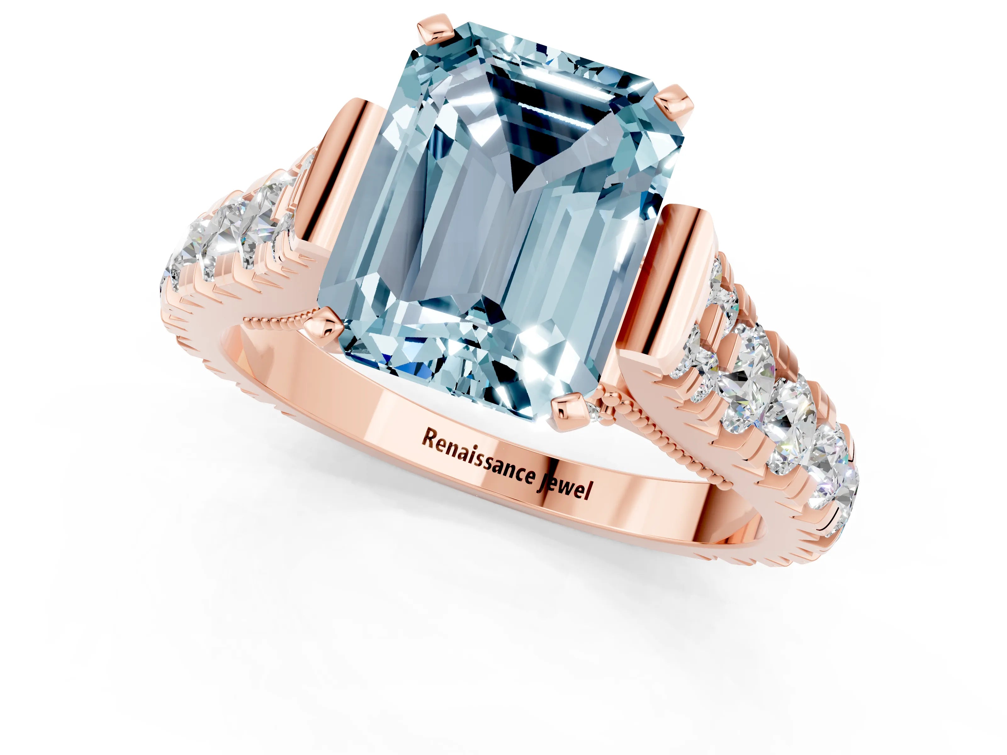 Rose gold Emerald Cut Aquamarine Classic Solitaire Ring with Pavé Band and Four-Prong Setting_1