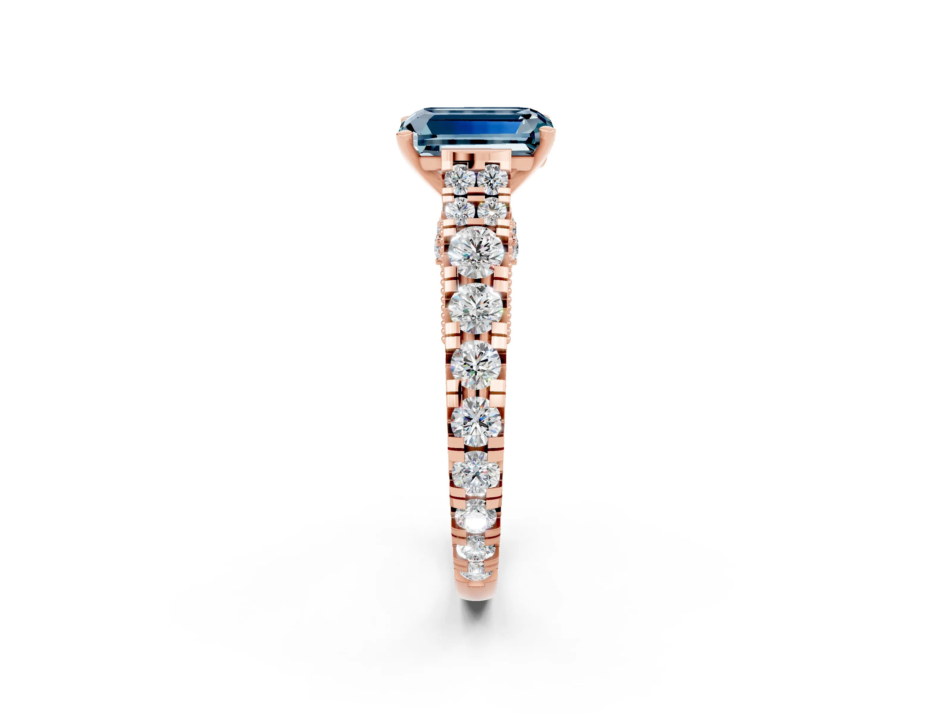 Rose gold Emerald Cut Aquamarine Classic Solitaire Ring with Pavé Band and Four-Prong Setting_2