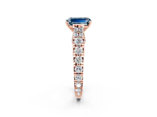 Rose gold Emerald Cut Aquamarine Classic Solitaire Ring with Pavé Band and Four-Prong Setting