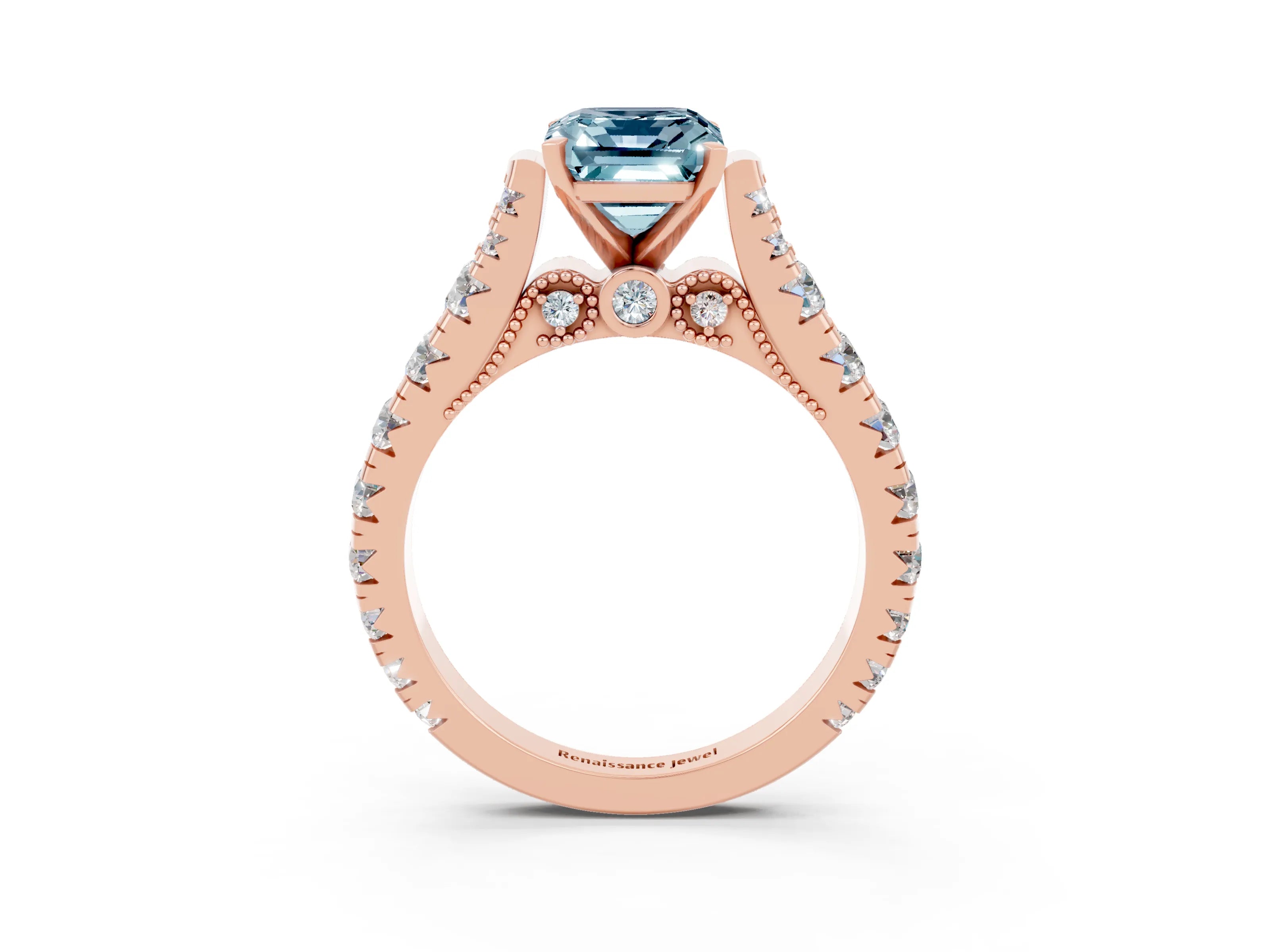 Rose gold Emerald Cut Aquamarine Classic Solitaire Ring with Pavé Band and Four-Prong Setting_3