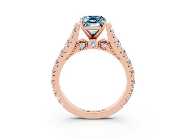 Rose gold Emerald Cut Aquamarine Classic Solitaire Ring with Pavé Band and Four-Prong Setting
