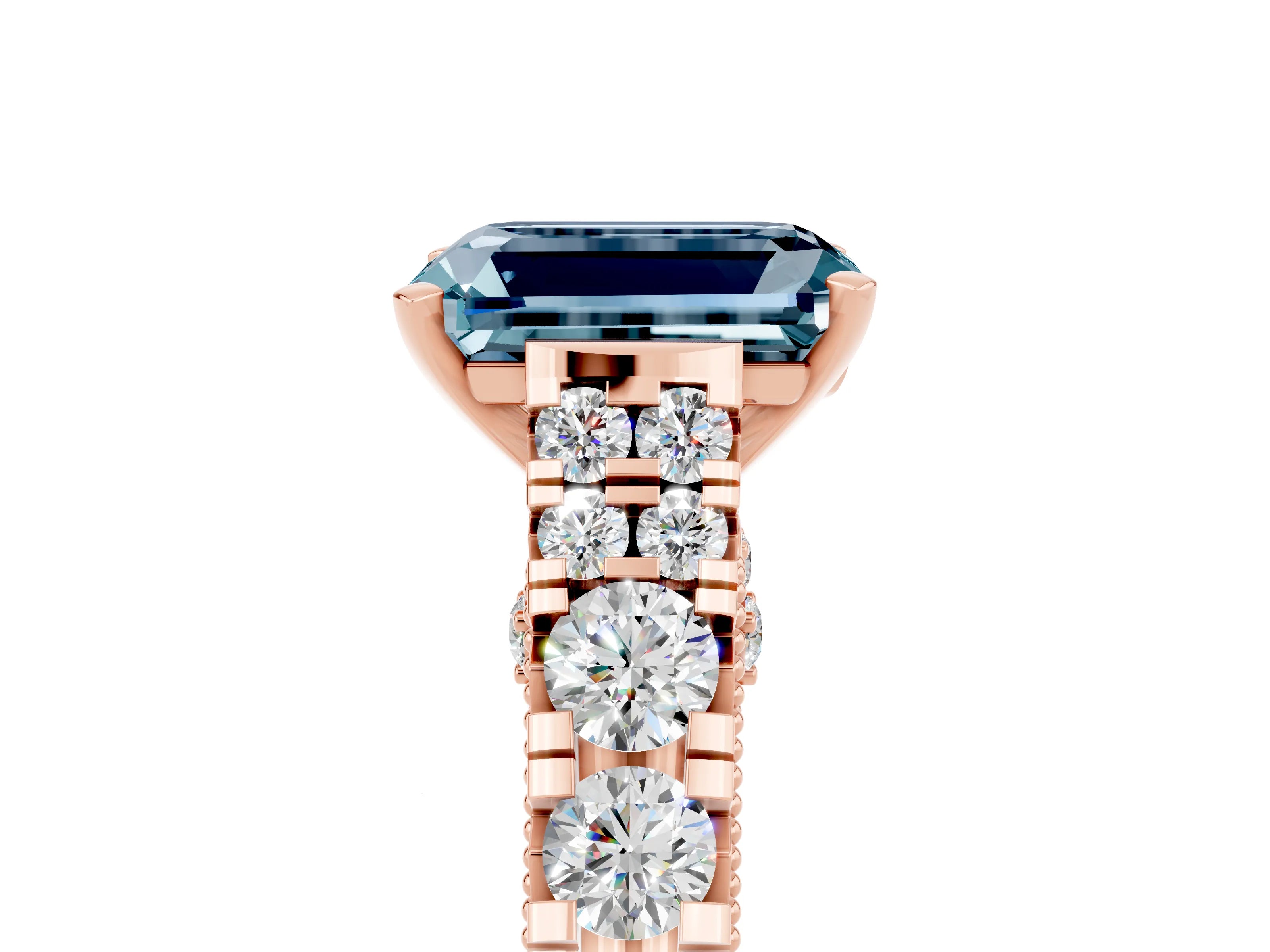 Rose gold Emerald Cut Aquamarine Classic Solitaire Ring with Pavé Band and Four-Prong Setting_5