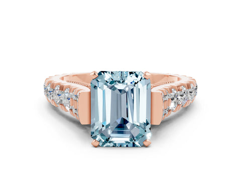 Rose gold Emerald Cut Aquamarine Classic Solitaire Ring with Pavé Band and Four-Prong Setting