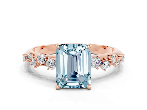 Rose gold Emerald Cut Aquamarine Cluster Side Stone Solitaire Ring with Prong Setting