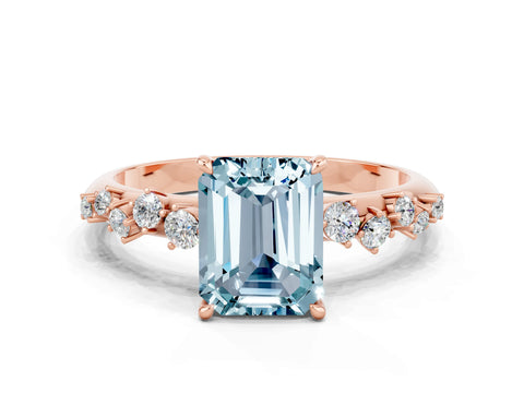 Rose gold Emerald Cut Aquamarine Cluster Side Stone Solitaire Ring with Prong Setting_24