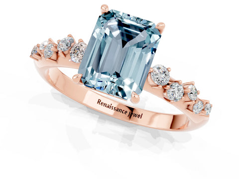 Rose gold Emerald Cut Aquamarine Cluster Side Stone Solitaire Ring with Prong Setting_25