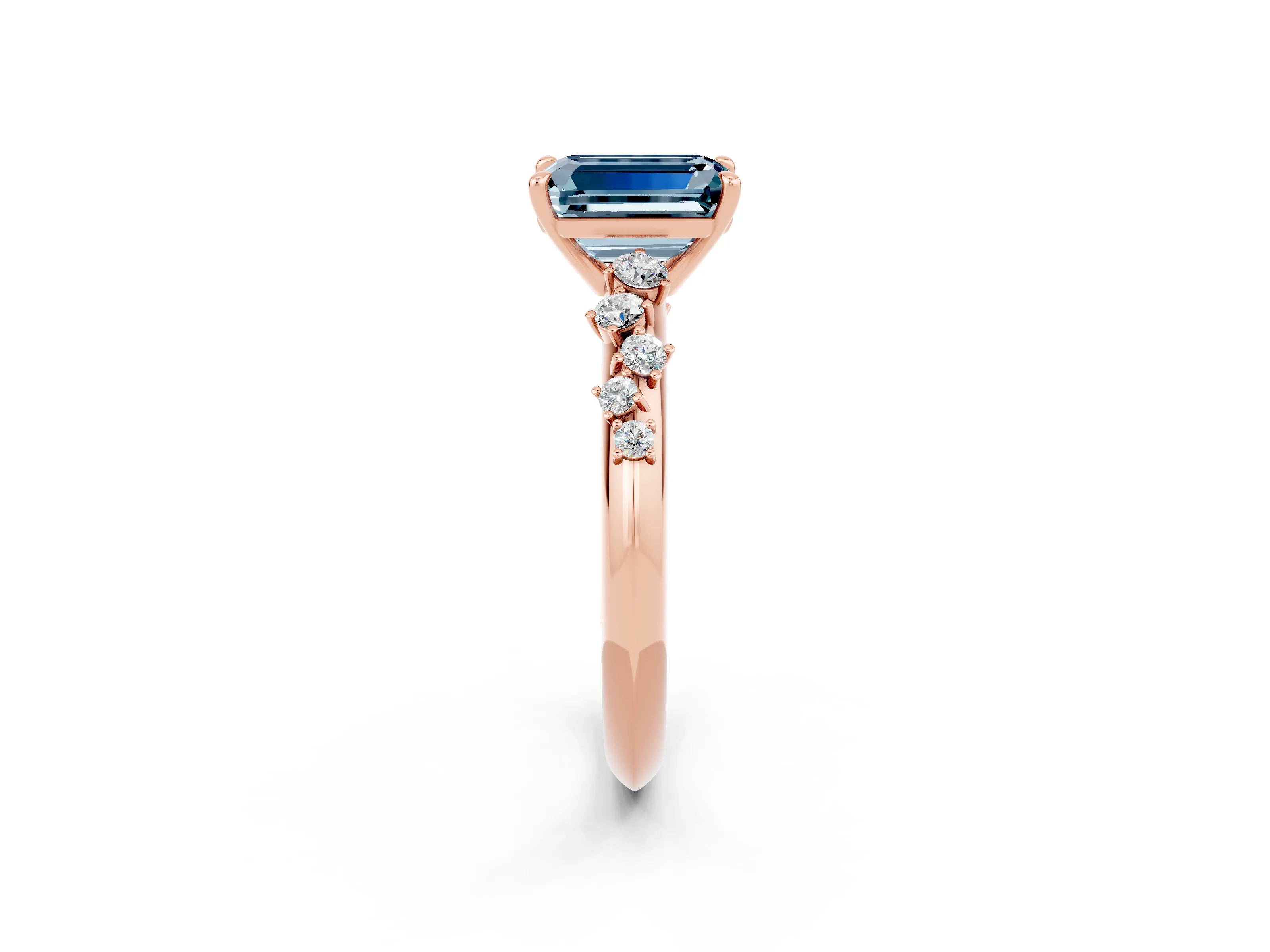 Rose gold Emerald Cut Aquamarine Cluster Side Stone Solitaire Ring with Prong Setting_26