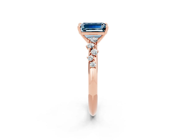 Rose gold Emerald Cut Aquamarine Cluster Side Stone Solitaire Ring with Prong Setting